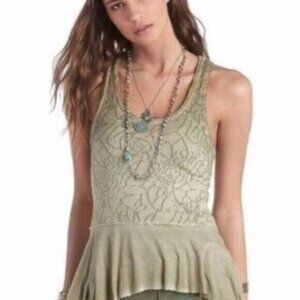 Free People | Women's Green Scoop Neck Boho Distressed Peplum Green Top Size XS